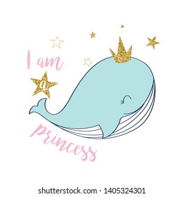 Hand drawing pretty whale illustration vector for girls print design.