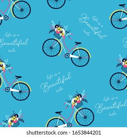 Hand drawing print design. bicycle and slogan seamless pattern vector illustration.