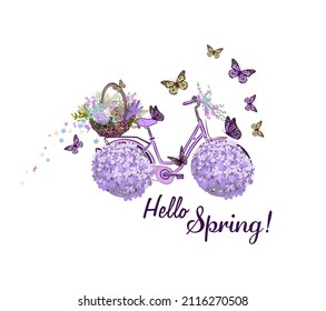 Hand drawing print design. Bicycle with flowers wheels. Hello Spring. Vector illustration
