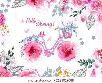Hand drawing print design. Bicycle with flowers wheels. Hello Spring. Flying birds. Vector illustration