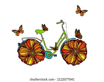 Hand drawing print design. Bicycle with flowers wheels. Vector illustration