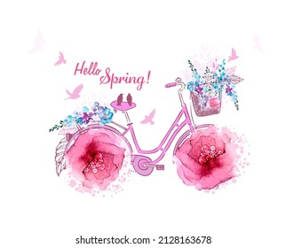 Hand drawing print design. Bicycle with flowers wheels. Hello Spring. Flying birds. Vector illustration