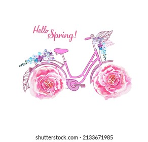 Hand drawing print design. Bicycle with flowers wheels. Hello Spring. Vector illustration