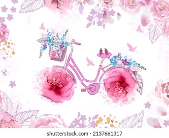 Hand drawing print design. Bicycle with flowers wheels. vector illustration .