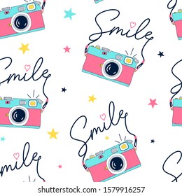 Hand drawing print design. Camera and slogan  seamless pattern vector illustration .