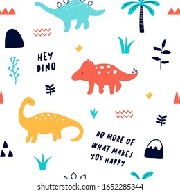 Hand drawing print design. Dinosaur and slogans seamless pattern vector illustration .