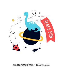 Hand drawing print design. Dinosaur and space vector illustration .
