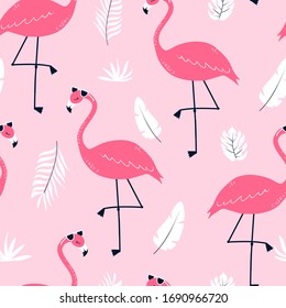 Hand drawing print design. Flamingo seamless pattern vector illustration.