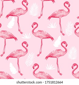 Hand drawing print design. Flamingo seamless pattern vector illustration.