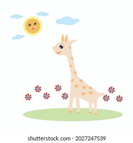 Hand drawing print design. Giraffe, fields of flowers , clouds and sun. vector illustration. Cute design pajamas,  clothes for  baby , room decor, t shirt print, greeting card