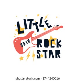 Hand drawing print design. Guitar and slogans vector illustration.