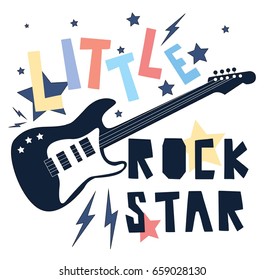 Hand drawing print design. Guitar and slogans vector illustration.