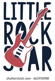 Hand drawing print design. Guitar and slogans vector illustration.