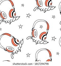 Hand drawing print design. Headphone and slogan  seamless pattern vector illustration.