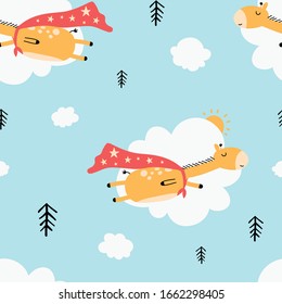 Hand drawing print design. Hero giraffe  seamless pattern vector illustration .