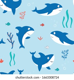 Hand drawing print design. Little sharks  seamless pattern vector illustration .