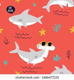 Hand drawing print design. Little sharks  seamless pattern vector illustration.