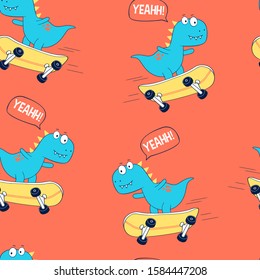 Hand drawing print design. Skater dinosaur and slogans seamless pattern vector illustration .