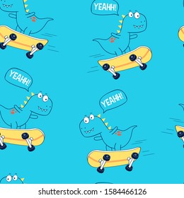 Hand drawing print design. Skater dinosaur and slogans seamless pattern vector illustration .