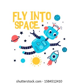 Hand drawing print design. Space and robot vector illustration .