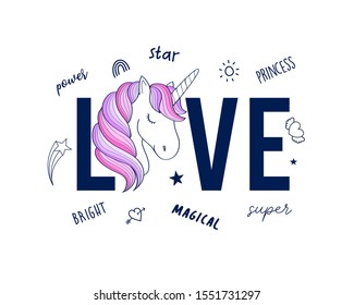 Hand drawing print design. Unicorn and slogan vector illustration .