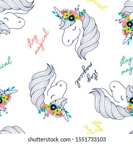 Hand drawing print design. Unicorn and slogan seamless pattern vector illustration .