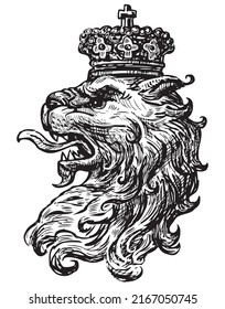 Hand drawing profile head of antique heraldic lion with crown