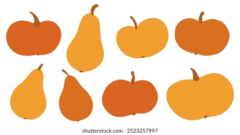 Hand drawing pumpkins collection. Set of flat hand drawn simple autumn pumpkin. Orange fall Halloween or Thanksgiving cute doodle elements. Isolated vector illustration