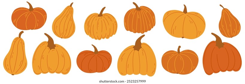 Hand drawing pumpkins collection. Set of flat hand drawn simple autumn pumpkin. Orange fall Halloween or Thanksgiving cute doodle elements. Isolated vector illustration