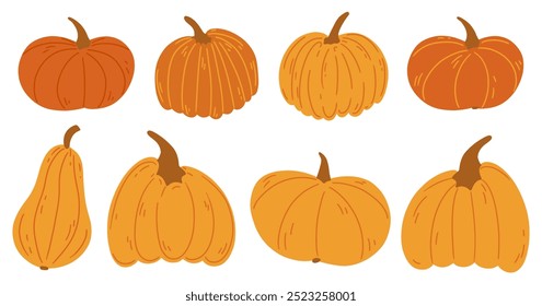 Hand drawing pumpkins collection. Set of flat hand drawn simple autumn pumpkin. Orange fall Halloween or Thanksgiving cute doodle elements. Isolated vector illustration