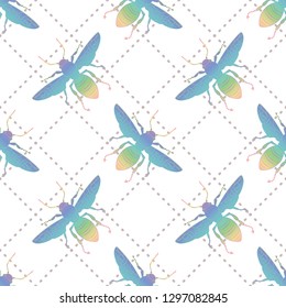 Hand drawing Rainbow colorful Insect fly Bee wings. seamless pattern