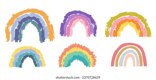 Handzeichnung Regenbogen-Vektorset. Farbige Regenbögen. Kinderflachsammlung. Vektorgrafik-Design für Poster, Drucke, Karten, Modestoffe, Textilgrafiken, Drucke