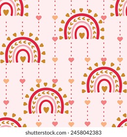 Hand drawing rainbow pattern illustration. Cloud Background, Rainbow Seamless Pattern. Seamless rainbow sky an hearts ion the clouds illustration background pattern.
