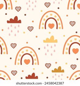 Ilustración de dibujo a mano del arco iris. Fondo De Nube, Patrón Sin Costura Del Arco Iris. El cielo y los corazones del arco iris sin fisuras en las nubes ilustran el patrón de fondo.