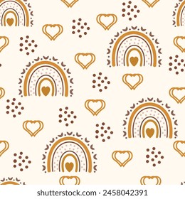 Hand drawing rainbow pattern illustration. Cloud Background, Rainbow Seamless Pattern. Seamless rainbow sky an hearts ion the clouds illustration background pattern.