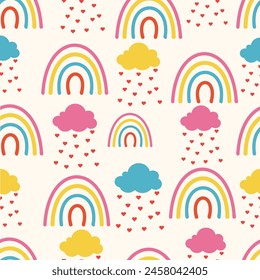 Hand drawing rainbow pattern illustration. Cloud Background, Rainbow Seamless Pattern. Seamless rainbow sky an hearts ion the clouds illustration background pattern.