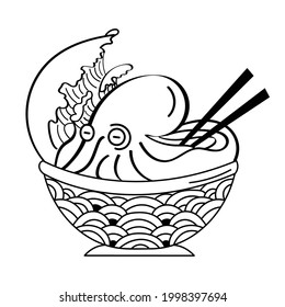 hand drawing ramen octopus noodles isolated on white background. japanese food. souvenir t-shirt design