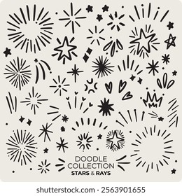 Hand drawing rays and stars doodle collection vector 