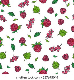 Hand drawing of red berries. Seamless pattern with white background. Raspberries and currant.