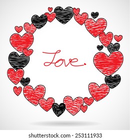 Hand drawing red and black hearts frame, Valentines day card, Vector Illustration EPS 10.