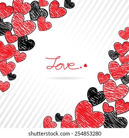 Hand drawing red and black hearts frame, Valentines background, Vector Illustration EPS 10.
