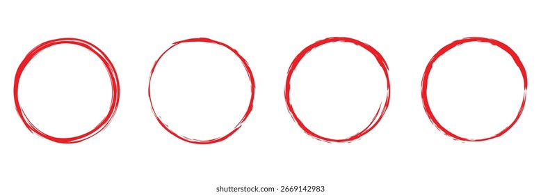 Dibujo a mano conjunto de esbozo de línea de círculo rojo. Doodle círculos rojos redondos para el elemento de diseño de marca de nota de mensaje. Doodle conjunto de color rojo dibujado a mano línea circular. Ilustración vectorial. EPS 10
