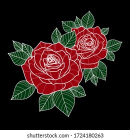 Handgezeichnete rote Rosenblume mit grünen Blättern für Grußkarte, Einladung, Henna-Zeichnung und Tätowierung Vorlage. Rosentätowierung. Vektorgrafik