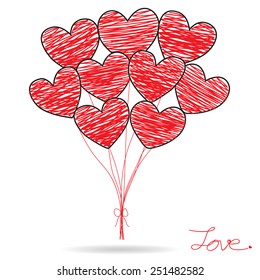 Hand Drawing Red Heart Balloons on white Background, Valentines Day Card, Vector Illustration EPS 10.