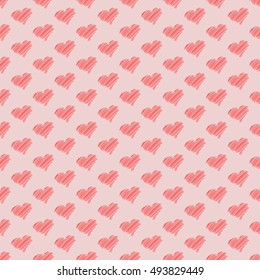 Hand drawing red hearts seamless pattern on a rose background. Vector illustration