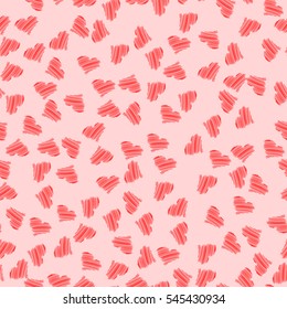 Hand drawing red hearts seamless pattern on a rose background. Vector illustration

