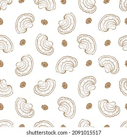 Hand drawing reishi mushroom (Ganoderma lucidum) mycelium on white background, seamless pattern vector illustration.