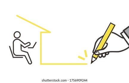 Handzeichnung Remote-Arbeit von zu Hause, Vektorgrafik, weiß einzeln