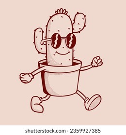 Hand drawing retro cactus cartoon character. Walking vintage cactus drawing 