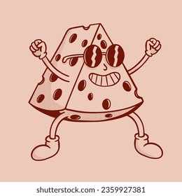 Hand drawing retro cheese cartoon character. Walking vintage cheese drawing 